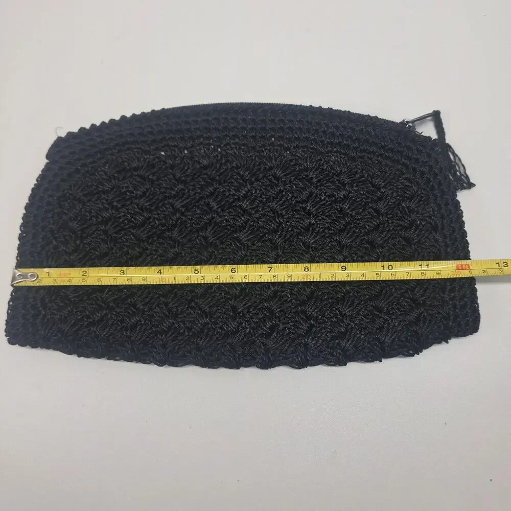 Vintage 1950s Black Cord Crochet Woven Clutch Handbag Purse Zip Retro MCM Japan